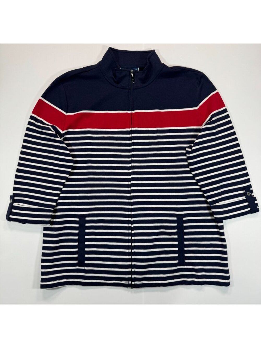Karen Scott Jacket Women's XL Blue Striped Cotton Activewear Sports Full Zipper